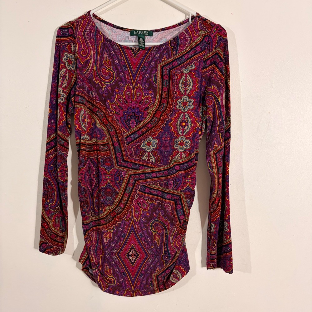 Lauren Ralph Lauren Paisley Top Womens M Purple Red Ruched Long Sleeve